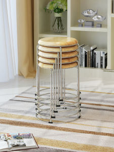 Thickened Solid Wood Stool Home Use Durable round Stool Dining Table Chair Stackable Luxury High Stool Economic Type Metal Frame