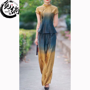 Elegant 2025 New plus Size Womens Cheongsam Set High-End Style Slimming Vintage Two-Piece Suit Fashionable Silk Blend