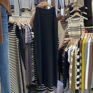 Slimming Sleeveless Knitted Vest Dress with Strap Long Split Casual Style High Waist Striped Summer Fashion Womens Dress