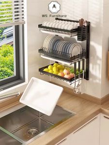Rak Piring Gantung Rak Dapur Rak Dinding Rak Besi Anti Karat Rak Penyimpanan Mangkuk