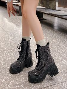 Rhinestone 10cm Hidden Heel Handsome British Style Boots Womens Thick Sole Single Boots Small Slim Looking High Heel Boots