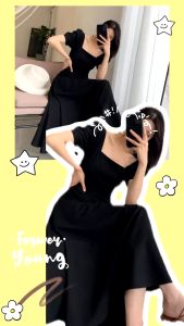 Catalog Fashion ชุดเดรสยาวคอเหลี่ยมสีดำพื้น ชุดที่หนึ่งของคุณเกี่ยวกับวาเลนไทน์