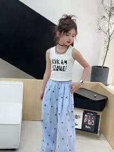 New Kids Girls Ice Silk Pants 7-16years old Loose Pants Fashion Baggy Pants Bow Tie Candy Pants Pink Blue Wide Leg Summer Pants Trend Casual Hot Sale Manila