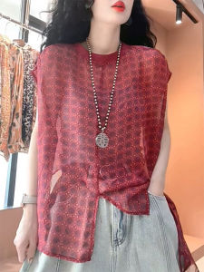 QINGNAER | Vintage Red Sheer Lightweight Shirt Loose Youthful