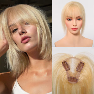 Blonde Remy Human Hair Toppers with Bangs Lace Base 3 Clips in Hair 100% Remy Human Hair Pieces Extensions for Women 10 Inches