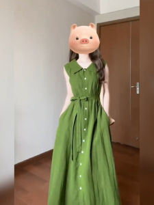 Xzy Plus Size Ladies French Style Fancy Green Lapel Dress Womens Summer Retro Cinched Sleeveless Dress