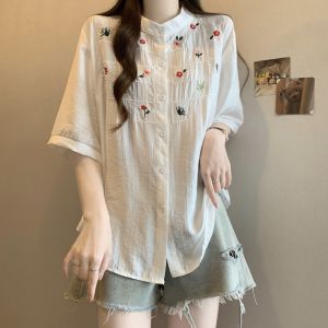 AIYITI | Vintage Embroidery White Short Sleeve Shirt for Plus Size Women