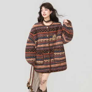 KEIKO | Áo Khoác Đông Phong Cách Vintage Fair Isle Lông Cừu Giả Đệm Bông