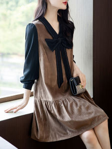 Design Stylish Versatile Elegant Golden Velvet Two-piece Look Dress