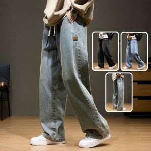 2025 Autumn New Loose Jeans Mens Casual Vintage Wash Fashion Wide-leg Straight Denim Trousers Male Drawstring Pants