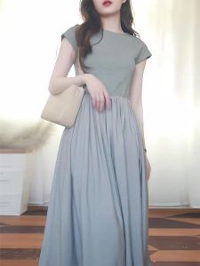Stunning Grey Patchwork Dress Elegant Short Sleeve round Neck Commute Style Womens Fashion Silk Blend Summer 2023 Dress