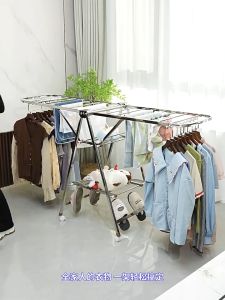 Foldable Clothes Drying Rack Clothes Rack with wheels Stainless Steel Household Floor-Mounted Roller Floor Hanger Clothes Drying Rack For Indoor And Outdoor Use