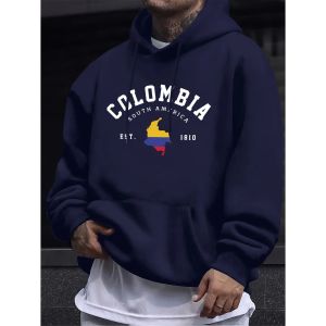 Colombia South America Est 1810 Print Mens Pullovers Fleece Autumn Hoodie Casual Comfortable Sweatshirt Basic Street Sportswear