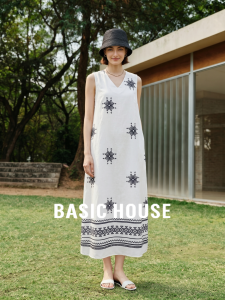 Basic House | White Print Linen Summer V-Neck Sleeveless Dress