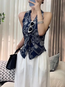 chaqi | Retro Korean Style Womens Vest Neck Hanging Waist Cinching Sleeveless V-Neck Summer Top Fashionable Commute Print Casual Wear
