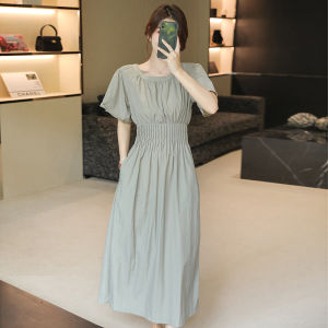 ROOROOLADY Elegant Short Sleeve Dress Women Summer French Tea Break Gathered Waist Slimming Arms A-Line Skirt High Waist