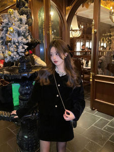 Classic Style Black Velvet Suit Womens Fancy Elegant Quilted Short Coat Skirt Two-piece Set Autumn and Winter