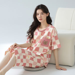 miiow | Pure Cotton Cat Woman Sleepwear Cup Integrated Short Sleeve Seven Pants Summer Outdoor Wearable Home Clothes Female Model