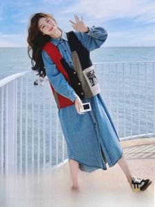 แฟชั่นฤดูใบไม้ร่วง ชิค วินเทจฝรั่งเศส เดนิม เดรสเชิ้ต บล็อกสี เสื้อสเวตเตอร์ ชุดสองชิ้น ผู้หญิง สไตล์เกาหลี แขนยาว กระโปรงยาวปานกลาง