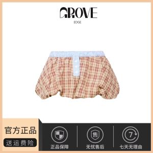 กระโปรงสั้นลายสก็อตตัดต่อ GROVE EDGE ทรงเอเอวสูง ผ้า PU สไตล์เกาหลี ฤดูใบไม้ผลิ 2025 กระโปรงทรงดอกไม้