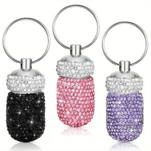 Bling Rhinestone Pill Container Case Waterproof Medicine Dispenser Holder with Keychain Cute Style INS Travel Pocket Pill Box