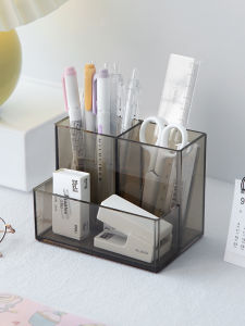 กล่องใส่ของสำนักงานแบบเรียบง่าย กล่องใส่ปากกาอะคริลิกใสสำหรับโต๊ะทำงานนักเรียน ชั้นวางของหลายชั้น วัสดุ ABS