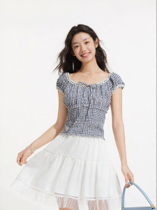 Hotwind | New Summer Lace and Check Pattern Short Blouse Office Round Neck Slim