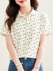 เสื้อเชิ้ตคอโปโลผ้าฝ้ายพิมพ์ลายฤดูร้อนสำหรับผู้หญิง เสื้อทำงานระบายอากาศได้ดี เสื้อเชิ้ตผู้หญิงทรงหลวม สไตล์ลำลอง