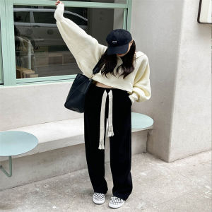 กางเกงขายาวทรงหลวมเอวสูงผ้ากำมะหยี่สไตล์ยุโรปสำหรับผู้หญิง ฤดูใบไม้ผลิและฤดูใบไม้ร่วง กางเกงขายาวทรงตรงทรงหลวมสำหรับผู้หญิง