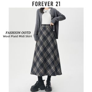 Forever21 | Brown Check High-Waist A-Line Midi Skirt