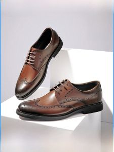 รองเท้าหนังสูงหัวมน Belle สำหรับผู้ชาย ทรงธุรกิจ ทรงเดบิร์น ฤดูใบไม้ผลิและฤดูใบไม้ร่วง รองเท้าแต่งงาน รองเท้าลำลอง สไตล์ลำลอง รองเท้าส้นแบน