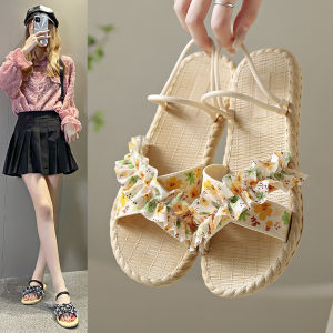 Flat Bottom Womens Sandals Summer Outdoor Fashion Open Toe Beach Slippers Home Use Floral Print PVC Material Comfortable Flats