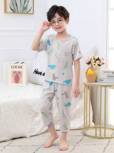Pure Cotton Boys Sleepwear Short Sleeve Seven-Piece Pants Home Clothes Set Breathable Cool Feeling Air Conditioning Suit
