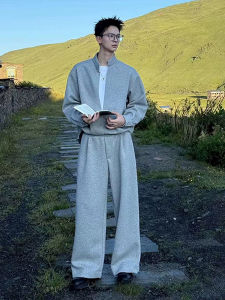 Gray Loose Fit Mens Set Casual Stand Collar Sweatshirt American Heavyweight Loose Pants Retro Two-Piece Suit Autumn Fashion