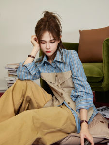 TUNT Early Autumn Vintage Miu Style Waist Seal Splicing Design Shirt for North America Exchange Students Long Sleeve Striped Womens Shirt