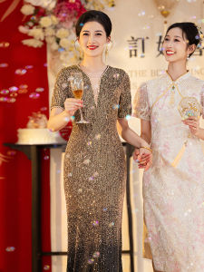 Elegant Evening Gown Womens High-End Luxury Sequin Fish Tail Year End Adult Ceremony Glittering mid Waist Zipper Style Korean Version