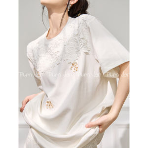 PlumJan | Lace Hollow Out Beadwork Loose Short Sleeve T-Shirt White