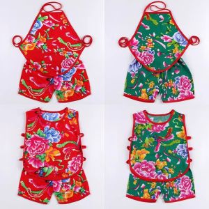 Summer Casual Floral Print Boys Girls Childrens Outfit Short Sleeve Long Pants Vest Shorts Set Baby Bib Two Piece Set