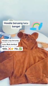 Jaket Sherpa Crop Hoodie Bulu Wanita / Hoodie Bulu Kuping Beruang Bear Angsa Size M L XL