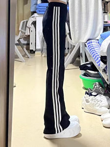 Quần Thể Thao Màu Đen Cạp Cao Thường Ngày Kẻ Sọc Dọc Che Giấu Mỡ Bụng Quần Ống Loe Rộng Rãi Thoải Mái Cho Nữ