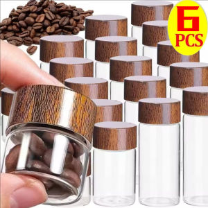 6Pcs Mini Glass Bottles Kitchen Sealed Can Tea Coffee Beans Storage Container Tube Wood Lid Sealed Box Small Spice Jars
