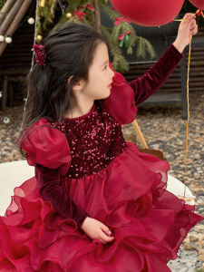 ชุดเดรสยาวทรงเค้กสีแดงสำหรับเด็กผู้หญิง ชุดเจ้าหญิงวันเกิด ชุดเด็ก ชุดผ้าฝ้าย เดรสยาวคลุมเข่า สไตล์หวานๆ