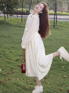 Autumn New Style Womens Design Tie Dandelion Tea Break Skirt French Gentle White Long Sleeve Dress A-Line Silhouette V-Neck