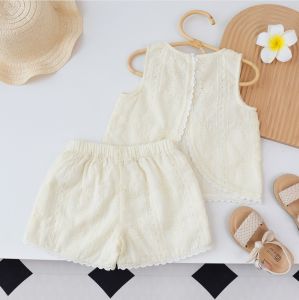 Bear Leader Solid Color Embroidery Girls Sets Sleeveless Flower Lace Tops + Two Piece Pants Suit Round Neck T-shirt Kids Clothes