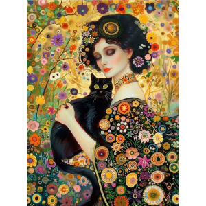 Jigsaw Puzzle 500 1000 1200 2000pcs Klimt Inspired Woman Holding Black Cat Under Starry Night And Moon For Adults Stress Relief