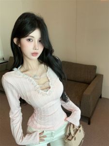 Sweet Gentle Style Long Sleeve T-Shirt Pink Overhead Butterfly Knot Slimming Base Layer Inner Wear Commute Korean Version