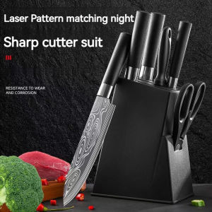 Premium Damascus Pattern Kitchen Knife Set with Scissors 7-Piece Sharp Serrated Cutter Kit Resistant to Wear and Corrosion