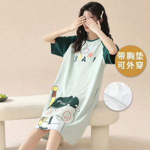 Nightdress Womens Thin 2024 New Arrival with Chest Pad One-Piece Summer K-style Pure Cotton Suitable for Daily Wear Cherry Homewear