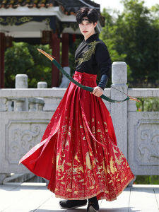New Original Mens Hanfu Elements Embroidery Collar Ancient Gold Pressed Skirt Red Martial Arts Style CP Set Youth Travel Cotton Blend Fabric