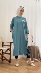 Long Tunik Wanita DM3 Bahan Catton Combet 20s Premium Midi Dress Kaos Kekinian Trend Fashion Muslim Viral Motif Terbaru Gambar Belakang Bisa COD